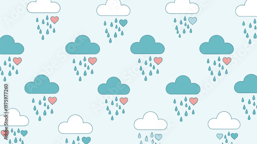 Delightful seamless pattern featuring whimsical clouds gracefully raining down charming hearts and gentle droplets, creating a sweet and romantic ambiance.