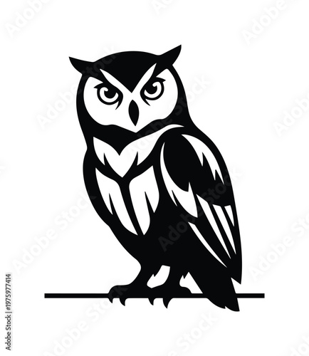Minimalist owl vector illustration, black and white bird silhouette, wise nocturnal animal mascot, clean graphic line art for logo design