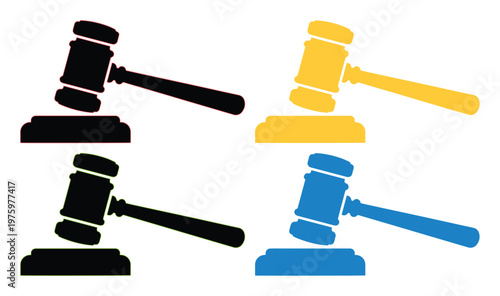 Judge gavel icon set in black, yellow, and blue colors. Legal auction hammer vector collection. Courtroom justice symbols for law and order design.