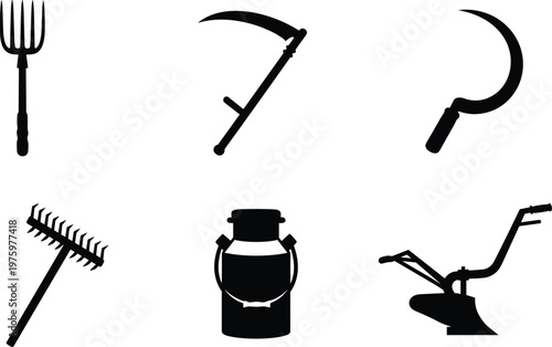 Farming tools silhouette vector icon set featuring pitchfork sickle scythe rake milk can and plow isolated on white background