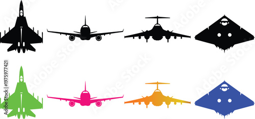 Silhouettes of military aircraft and geometric shapes in vibrant colors