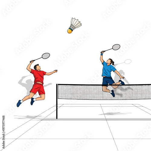 Badminton players jumping to hit shuttlecock over net, dynamic sports illustration