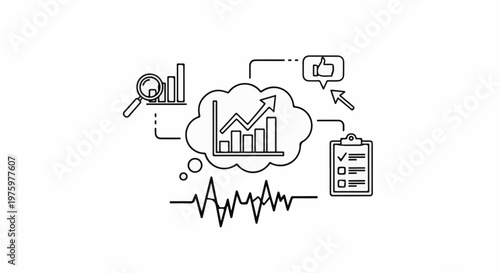 Icons depict data analysis, progress, checklist, and positive feedback