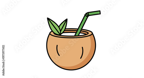 Coconut drink illustration refreshing beverage with straw and green leaves