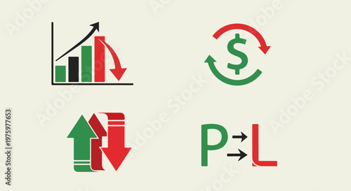 Icons representing financial growth, decline, currency exchange, and profit/loss