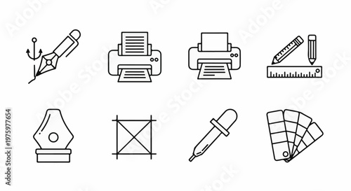 Icons of creative tools pens, printers, rulers, and color swatches