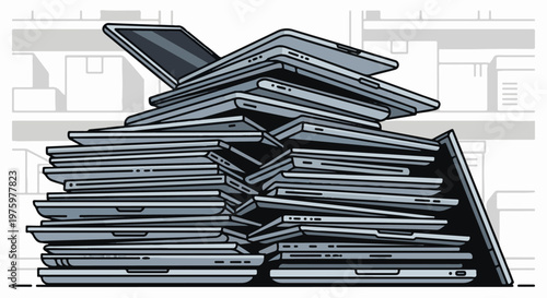 Illustration of a large, unstable stack of closed laptops against a backdrop of shelves