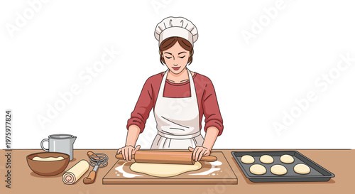 Professional chef woman rolling out dough on a kitchen counter with baking tools and freshly prepared buns on a tray nearby.