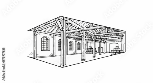 Interior view of an open-sided warehouse structure with exposed timber framing and storage