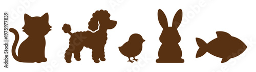 Brown pet animal silhouettes set, flat vector icons of cat dog bird rabbit and fish, minimalist domestic animal collection for pet shop branding