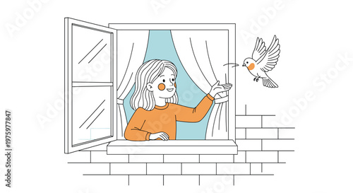 Young girl looking out of an open window and reaching out her hand towards a small white bird flying in the air outside.