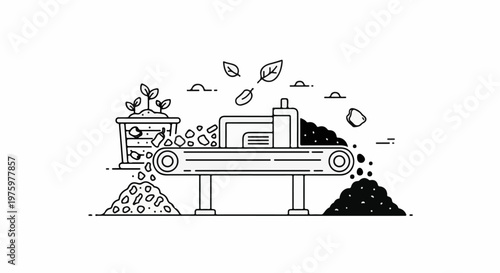 Illustration of industrial process with conveyor belt, plants, and materials