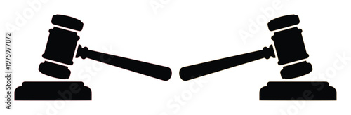 Black judge gavel silhouette icons, legal auction hammer vector graphics, wooden mallet symbols for law and justice concepts