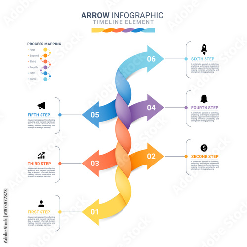 6 Step Arrow Timeline Infographic with Twisted Flow Design and Process Mapping