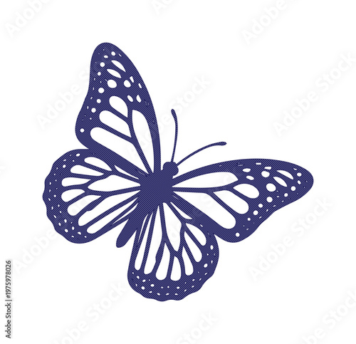 Monarch butterfly vector silhouette, dark blue insect icon with detailed wing patterns, elegant butterfly illustration for nature branding and logo design