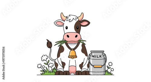 Friendly dairy cow sitting in a field with a bell around its neck next to a metal milk can and small white flowers.