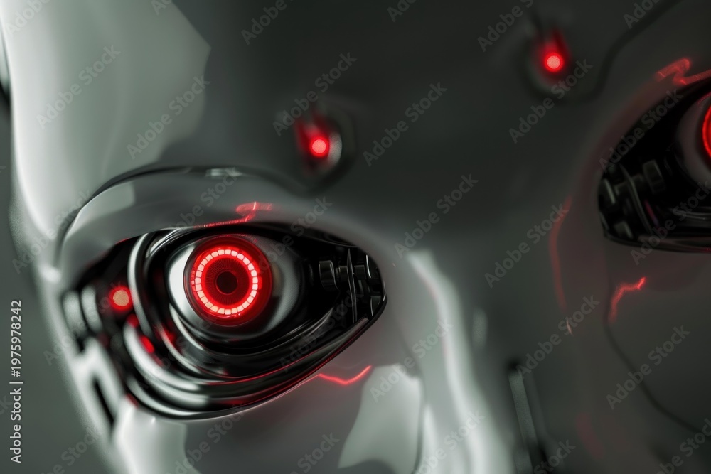 Fototapeta premium Futuristic cyborg showing glowing red eyes, symbolizing artificial intelligence and advanced technology