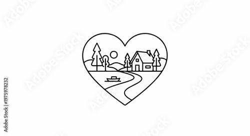 Heart shaped countryside with a house, trees, path, boat, and sun