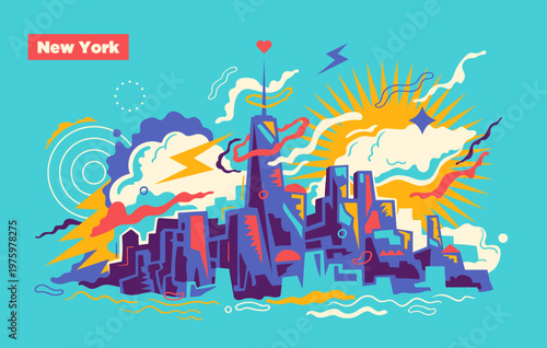 Colorful abstract illustration of the New York skyline with bold shapes, dynamic lines, and a vibrant modern style. Vector illustration.