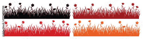 Grass silhouette borders with flowers, floral meadow lawn vector set, black and red garden grass fringes for landscape design and spring cards