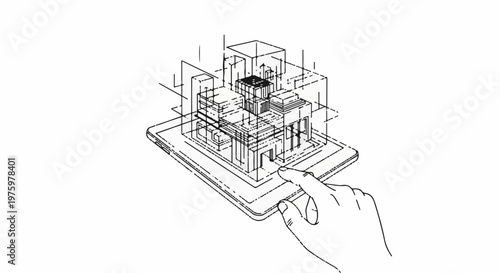 Hand interacting with a projected 3D digital blueprint of technology