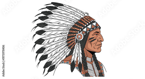 Detailed side profile portrait of a Native American chief wearing a traditional feathered war bonnet and ceremonial braids.