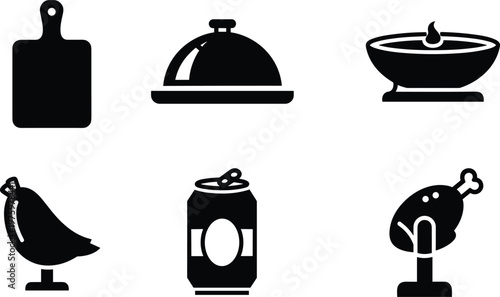 Food and kitchen silhouette vector icon set featuring cutting board serving dish bowl chicken meat and beverage can isolated on white background