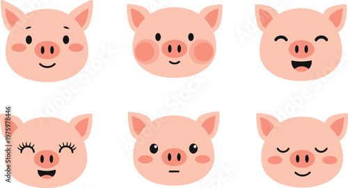 Cute Pig Face Collection with Different Expressions for Farm Animal, Cartoon, and Kids Vector Illustration Designs