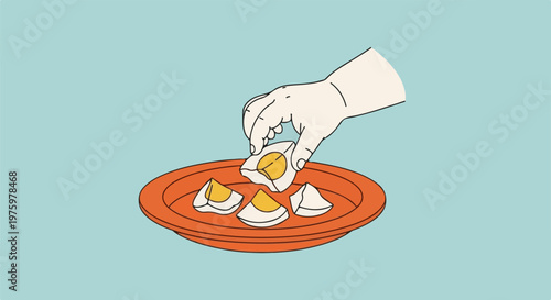 Hand picking up a cracked hard-boiled egg from a plate