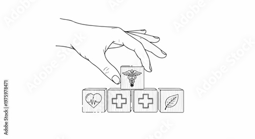 Hand places Caduceus block atop healthcare symbols, building blocks