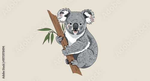 Cuddly koala bear climbing a tree branch with green leaves against a simple light beige background in a vertical layout.