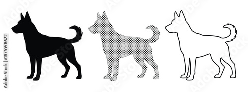 Fotografi German Shepherd dog silhouette set, standing canine vector icons in black and ou