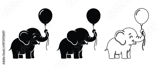Cute baby elephant holding balloon vector set, minimalist cartoon elephant silhouettes and line art, 3 animal icons for nursery decor and birthday cards