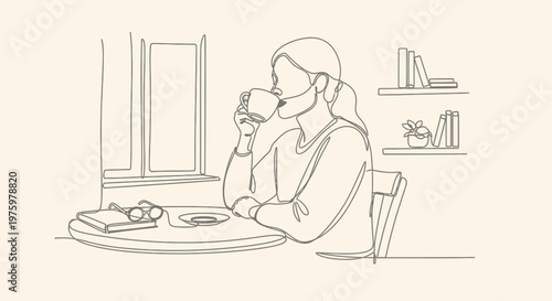 Woman Drinking Coffee at Desk.