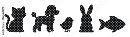 Minimalist pet animal silhouettes with halftone pattern texture, set of 5 vector icons including cat, dog, chick, rabbit, and fish for pet shop branding