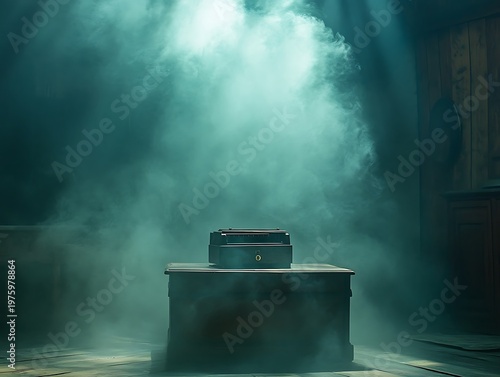 Mysterious object on a table under a spotlight in a smoky atmosphere