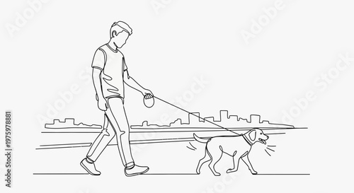 Man walking dog on leash outside.
