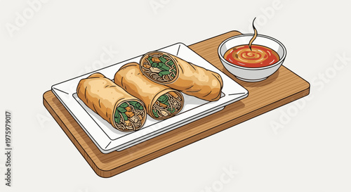 Golden brown fried rolls with a dipping sauce on a wooden board