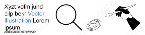 Business branding, digital creativity, art creation, financial concepts, inspection, monetization. Magnifying glass, coin hand holding brush. Digital creativity and monetization concepts