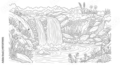 Detailed line art illustration of a majestic waterfall cascading over rocky cliffs into a pool surrounded by dense forest foliage and plants.