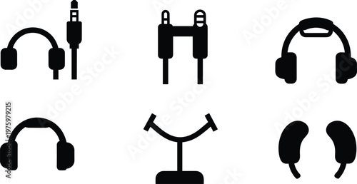 Headphone and audio jack silhouette vector icon set featuring wired headphones connectors headset stand and earphones isolated on white background