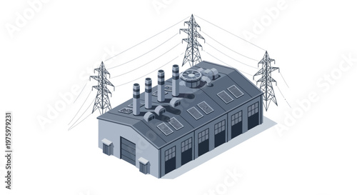 Industrial power plant with cooling towers and high voltage electricity transmission lines in a 3D isometric view, representing energy generation and distribution infrastructure