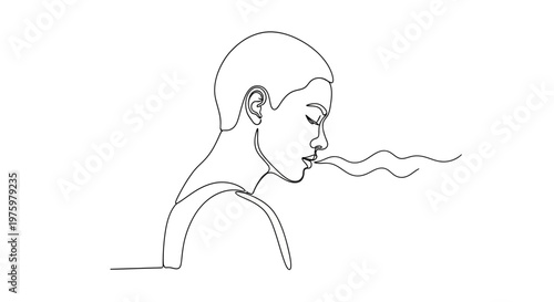 Woman Smoking Cigarette Line Drawing Portrait.