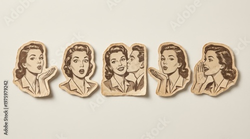 A set of wooden cutouts depicting a woman with various expressions and reactions