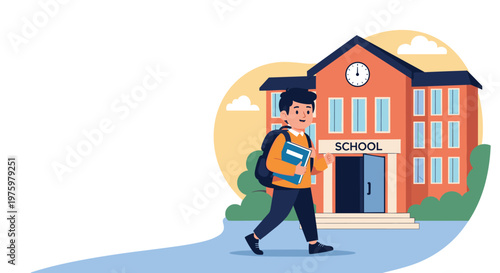 Smiling young boy carrying a backpack and book walking towards his school building on a bright day for the first day of classes.