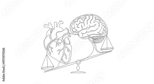 Heart and brain on scales drawing.