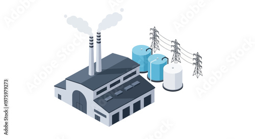 Isometric industrial manufacturing plant illustration depicting factory buildings, smoking chimneys, storage tanks, and power lines, representing energy production and environmental impact