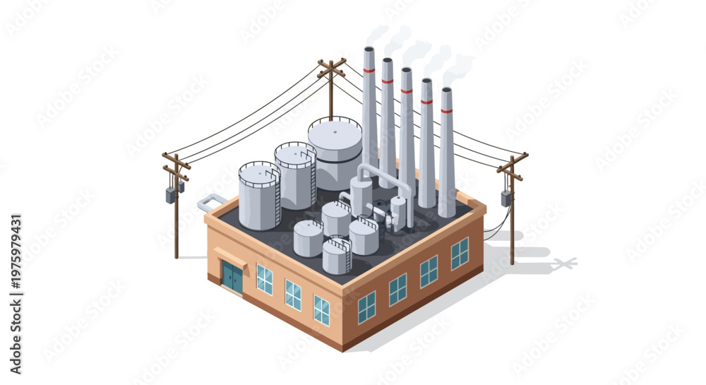 Naklejka premium Isometric industrial factory illustration with smoke stacks, storage tanks, and power lines, representing modern manufacturing and energy production facilities