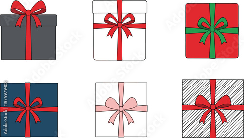 Gift Box Collection with Ribbon and Bow in Various Colors for Holiday, Birthday, and Celebration Vector Illustration Designs