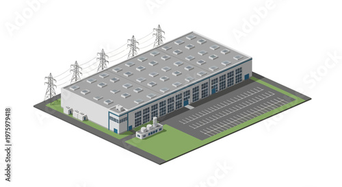 Industrial warehouse building with power lines and parking lot, commercial real estate and logistics concept illustration